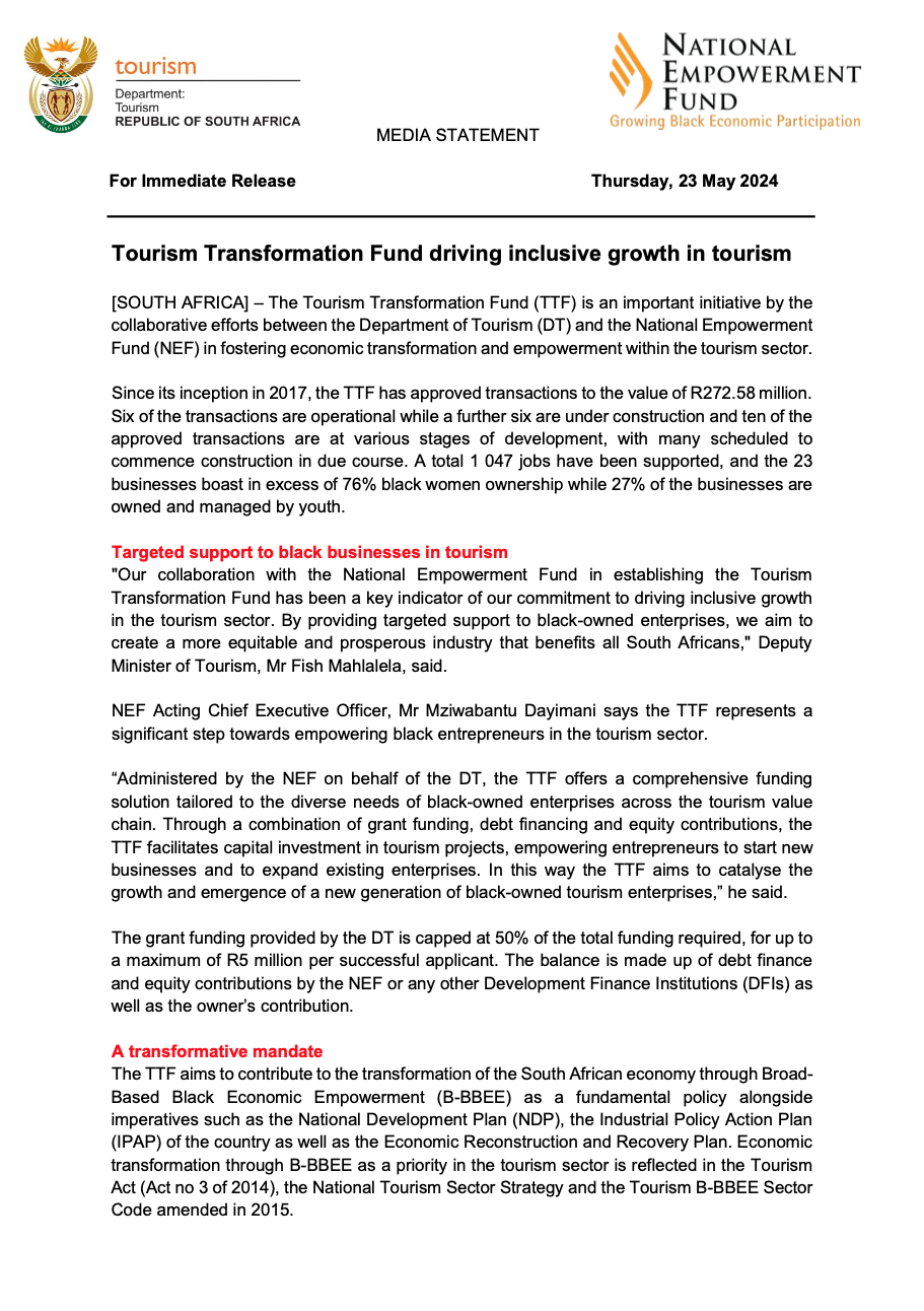 Tourism Transformation Fund Driving Inclusive Growth In Tourism – 23 May 2024